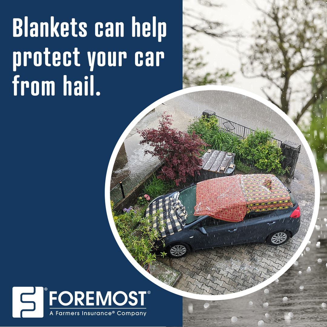 “Blankets can help protect your car from hail” text on top of an image of a vehicle with blankets covering it during a hailstorm.